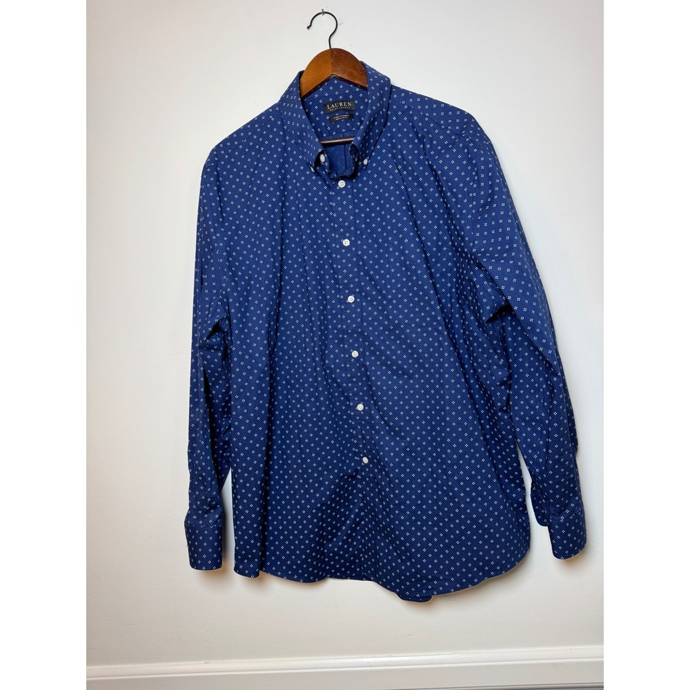 Lauren Ralph Lauren Mens Blue Geometric Micro Print Stretch Dress Shirt 2XL 18